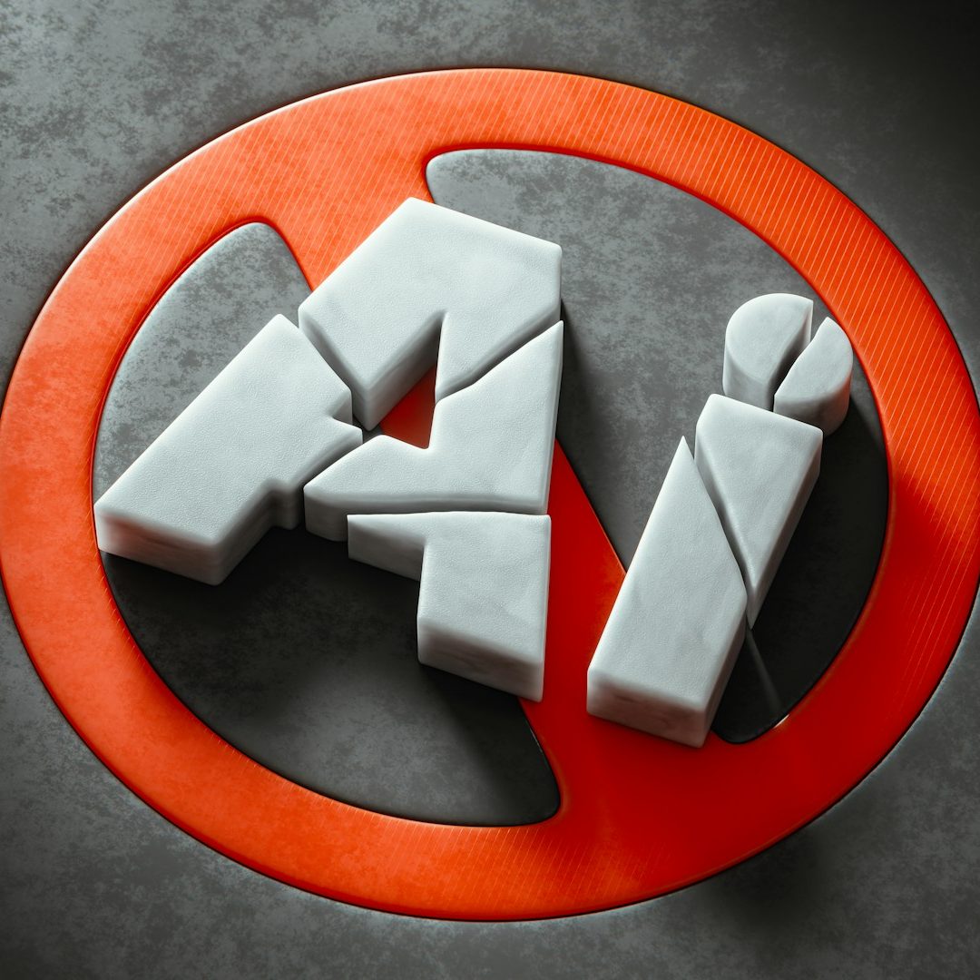 Anwendungsbeispiel: KI-Kennzeichnung auf Webseiten Symbol mit "AI" in einem roten Kreis und einem durchgestrichenen Zeichen.