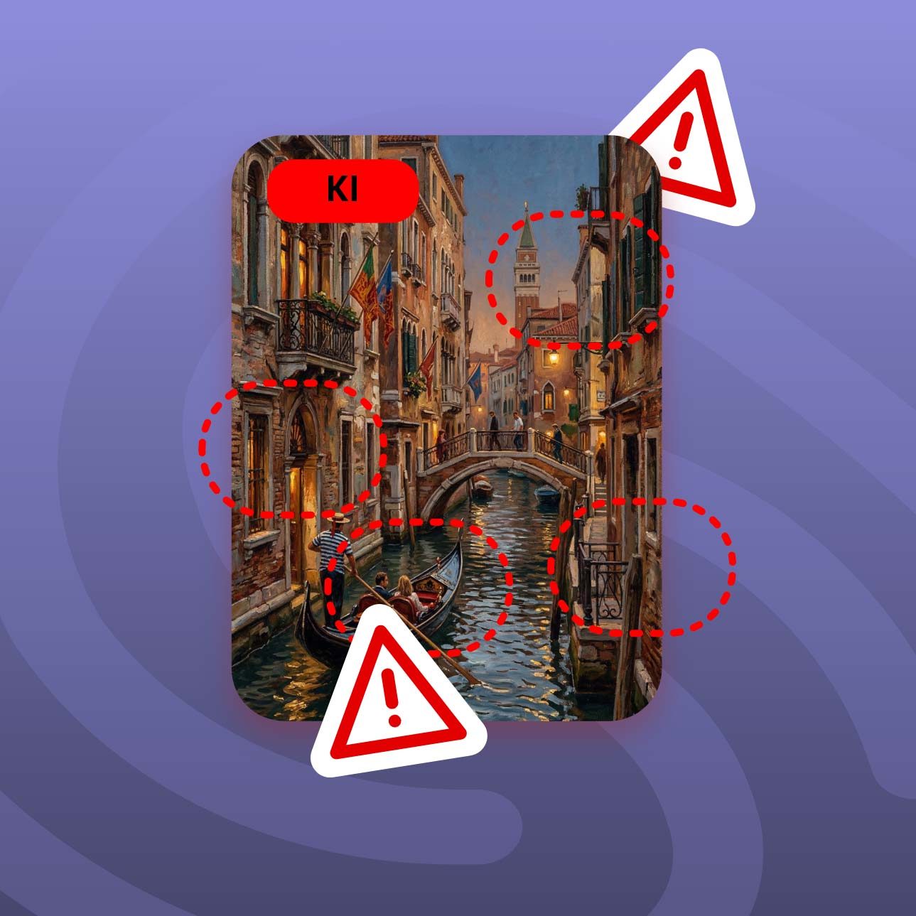 KI Inhalte erkennen: Typische Merkmale im Überblick Beispielhafte Darstellung von KI-generierten Inhalten mit markierten Auffälligkeiten wie wiederholenden Formulierungen, fehlender persönlich