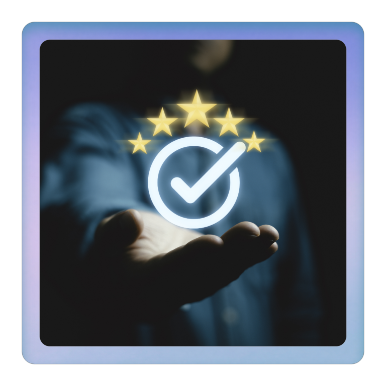 Nachweis für echte Expertise Hand mit einem Häkchen und fünf Sternen, die Qualität oder Zufriedenheit symbolisieren.