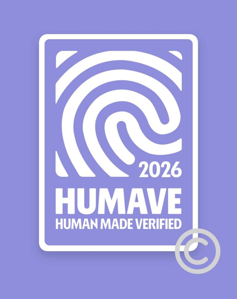 Das HUMAVE Siegel Premium HUMAVE Label in Blau-Violett – Qualitätsmerkmal für echte Expertise und menschliche Kontrolle.