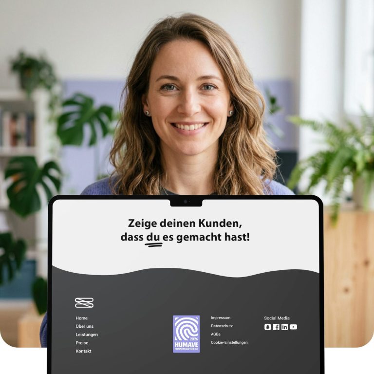 Anwendungsbeispiel: KI-Kennzeichnung auf Webseiten Beispielhafte Einbindung des HUMAVE Siegels auf einer Webseite im Footer zur Kennzeichnung menschlicher Inhalte.